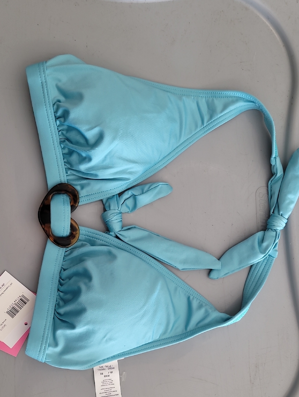 Kate Spade NWT Aqua Light Blue Triangle Bikini Top with Tortoise Shell Heart